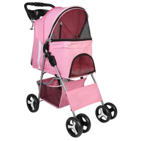 4 Wheels Pet Stroller Foldable Carrier Strolling Cart Travel Jogger Pet Stroller with Removable Liner Storage Basket for Dog Cat (Option: 4WheelStrollerPink)