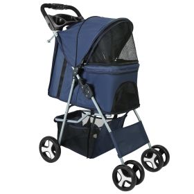 4 Wheels Pet Stroller Foldable Carrier Strolling Cart Travel Jogger Pet Stroller with Removable Liner Storage Basket for Dog Cat (Option: 4WheelStrollerBlue)